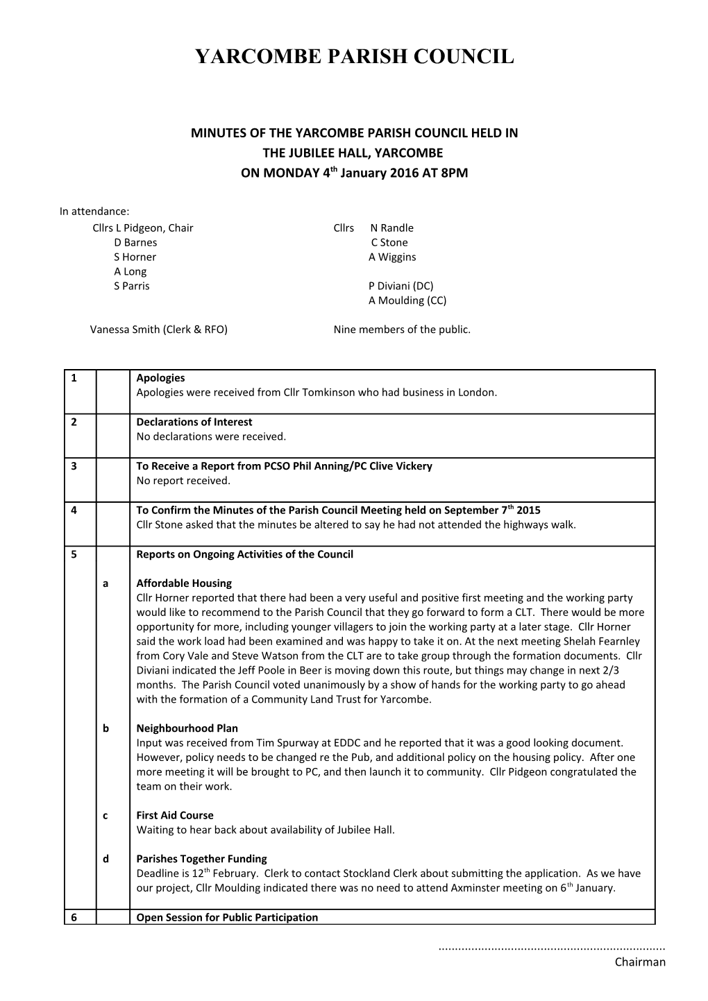 Minutes of the Yarcombe Parish Council Held In