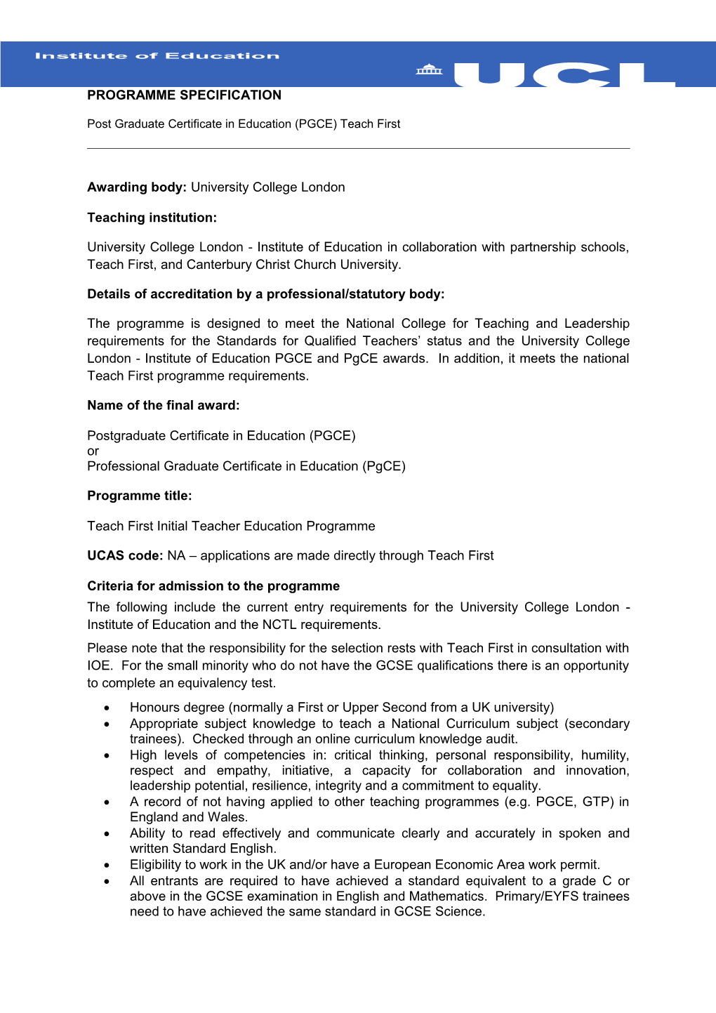 Post Graduate Certificate in Education (PGCE) Teach First