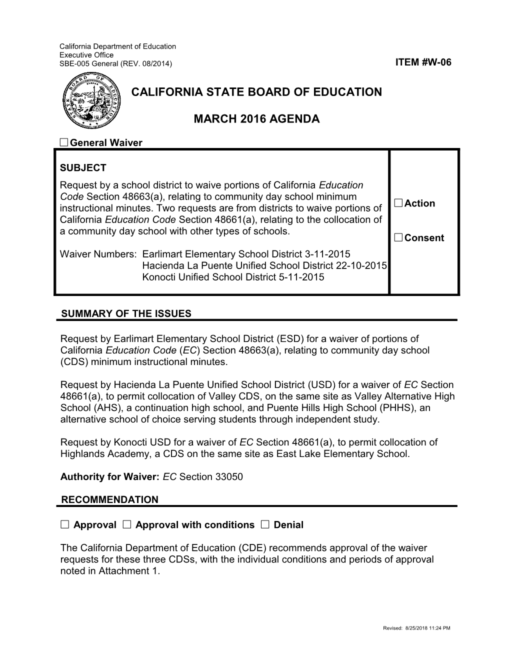 March 2016 Waiver Item W-06 - Meeting Agendas (CA State Board of Education)