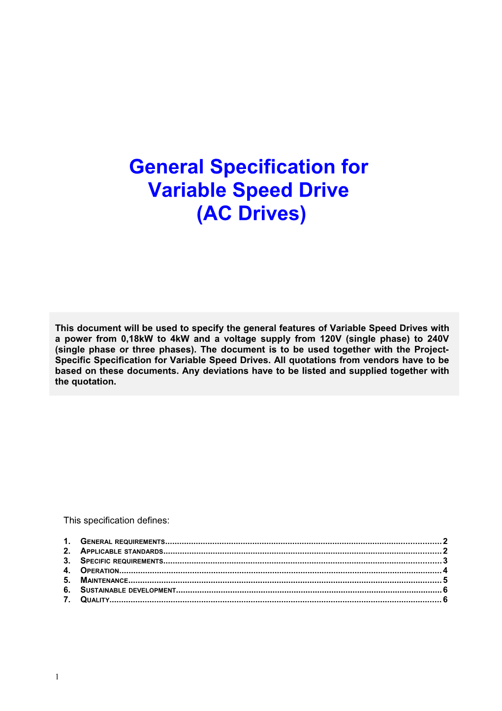 Specification for Variable Speed Drives (VSD)