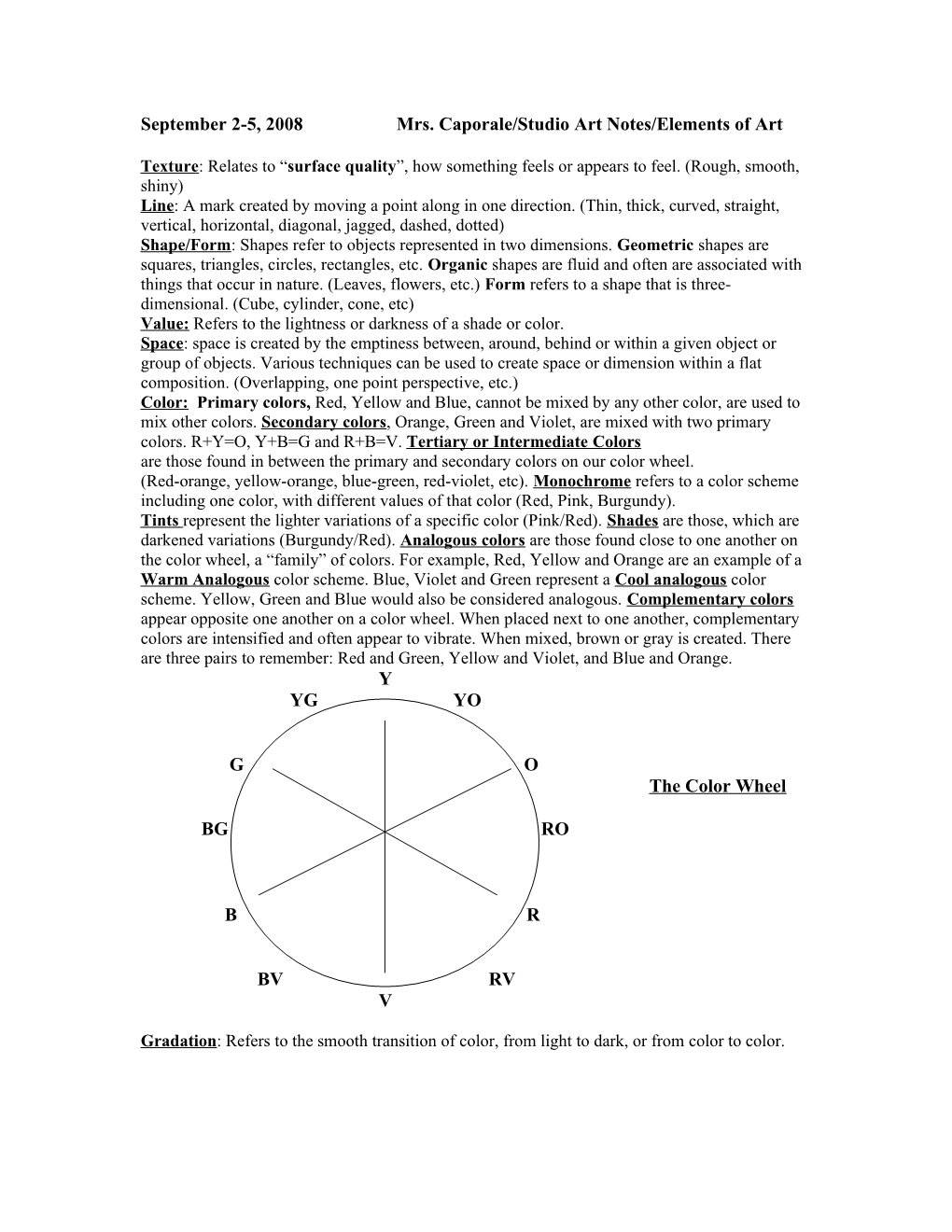 September 2-5, 2008 Mrs. Caporale/Studio Art Notes/Elements of Art