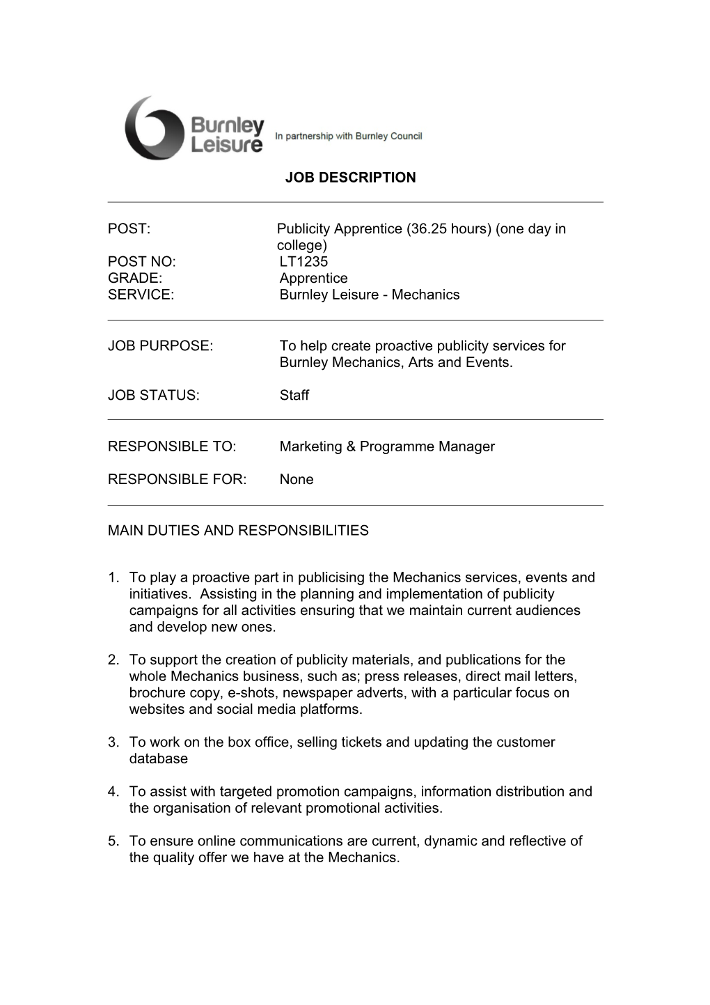 Piblicity Assistant - Mechanics - LT1243 May 2015