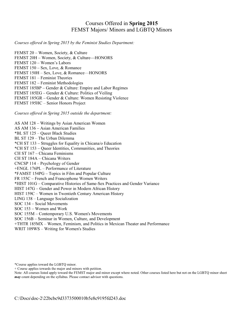 Courses Offered in Fall 2011 for FEMST Majors/ Minors and LGBTQ Minors