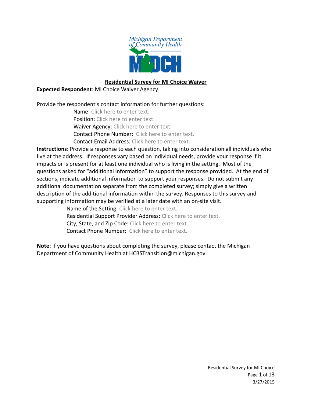 Residential Survey for MI Choice Waiver