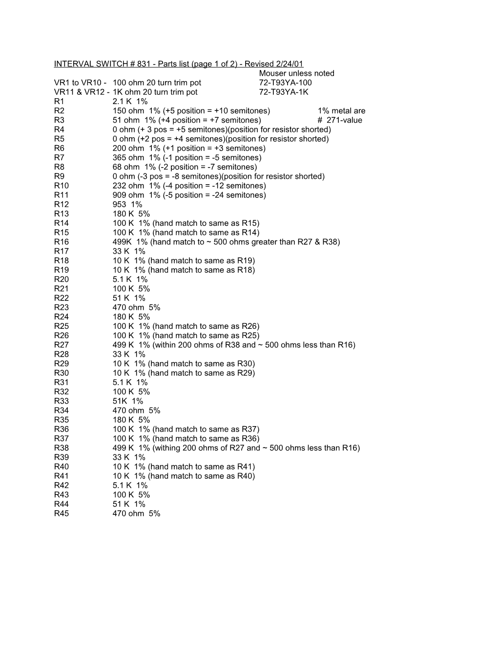 INTERVAL SWITCH # 831 - Parts List (Page 1 of 2) - Revised 1/25/01