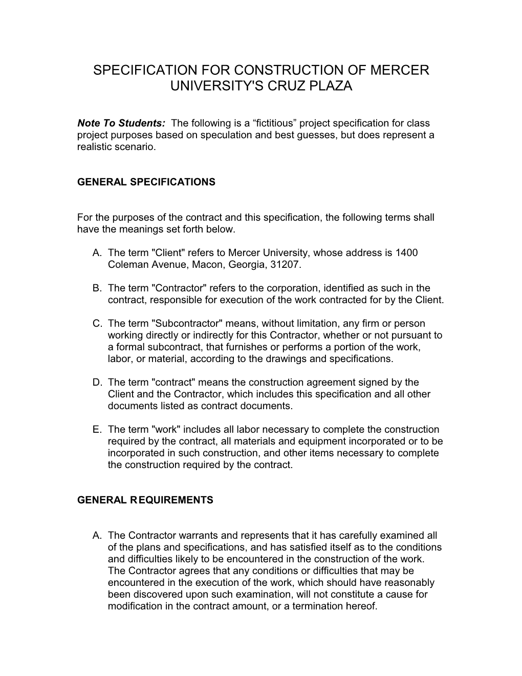 Specification for Mercer University's Stadium Drive Apartments