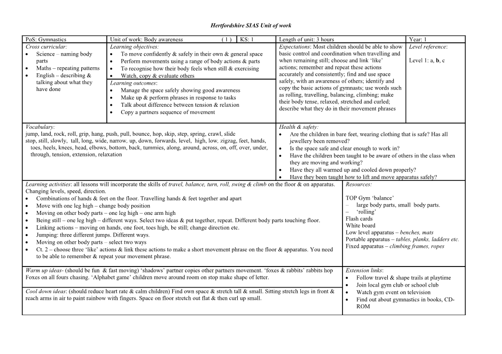 Pos: Gymnastics - Unit of Work - Body Awareness