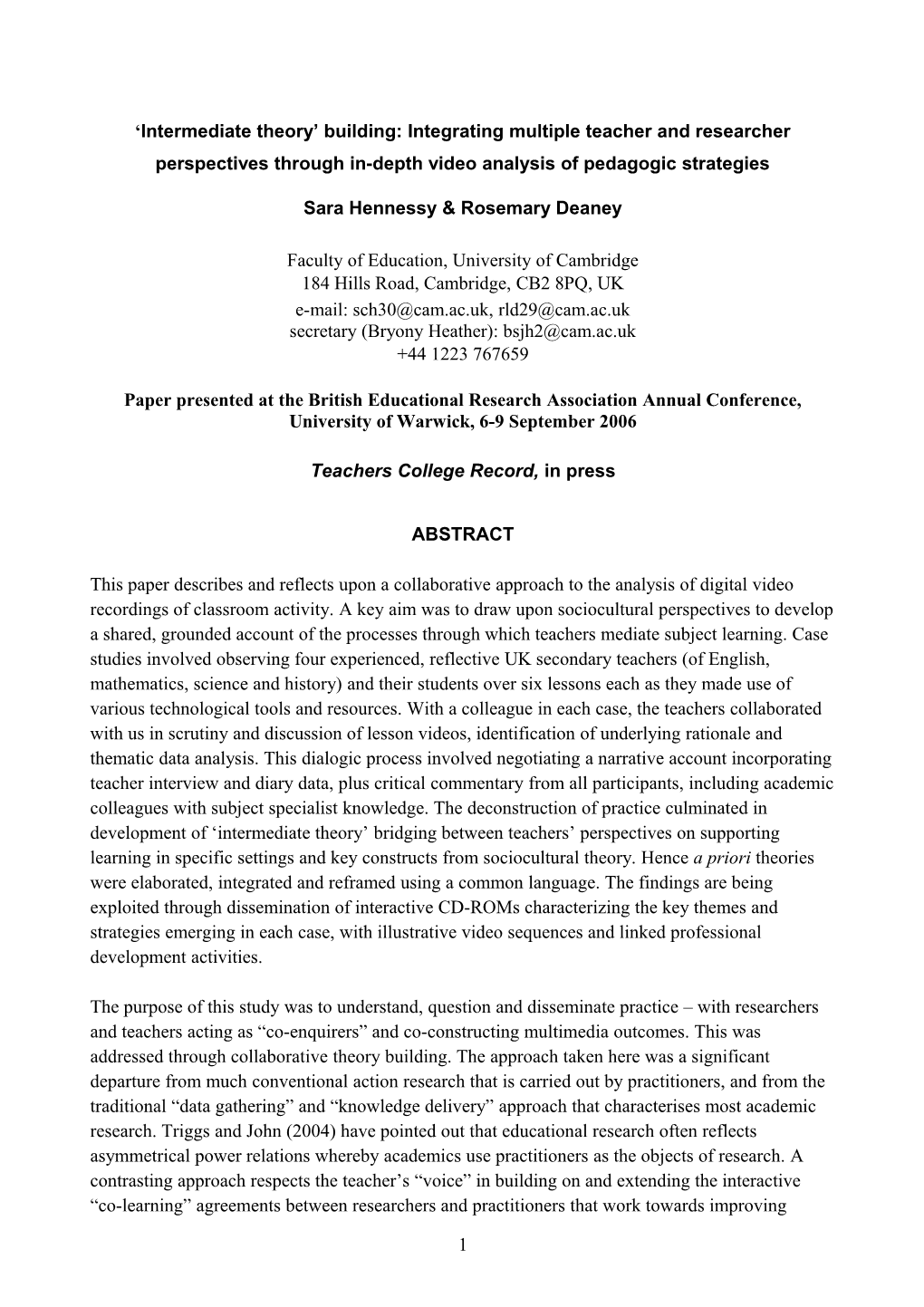 Integrating Multiple Teacher and Researcher Perspectives Through Video Analysis of Pedagogic