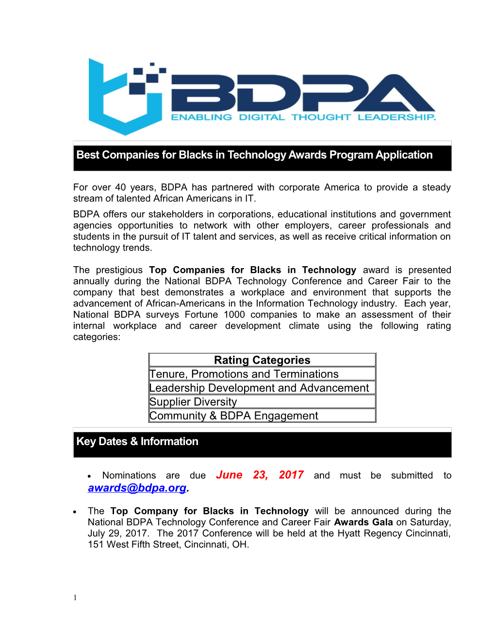 Best Companies for Blacks in Technology Awards Program Application