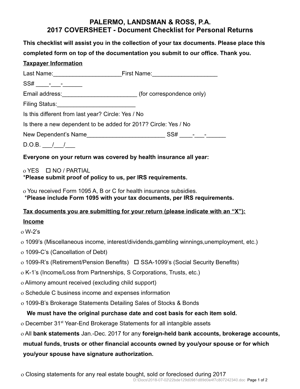 2017 COVERSHEET - Document Checklist for Personal Returns