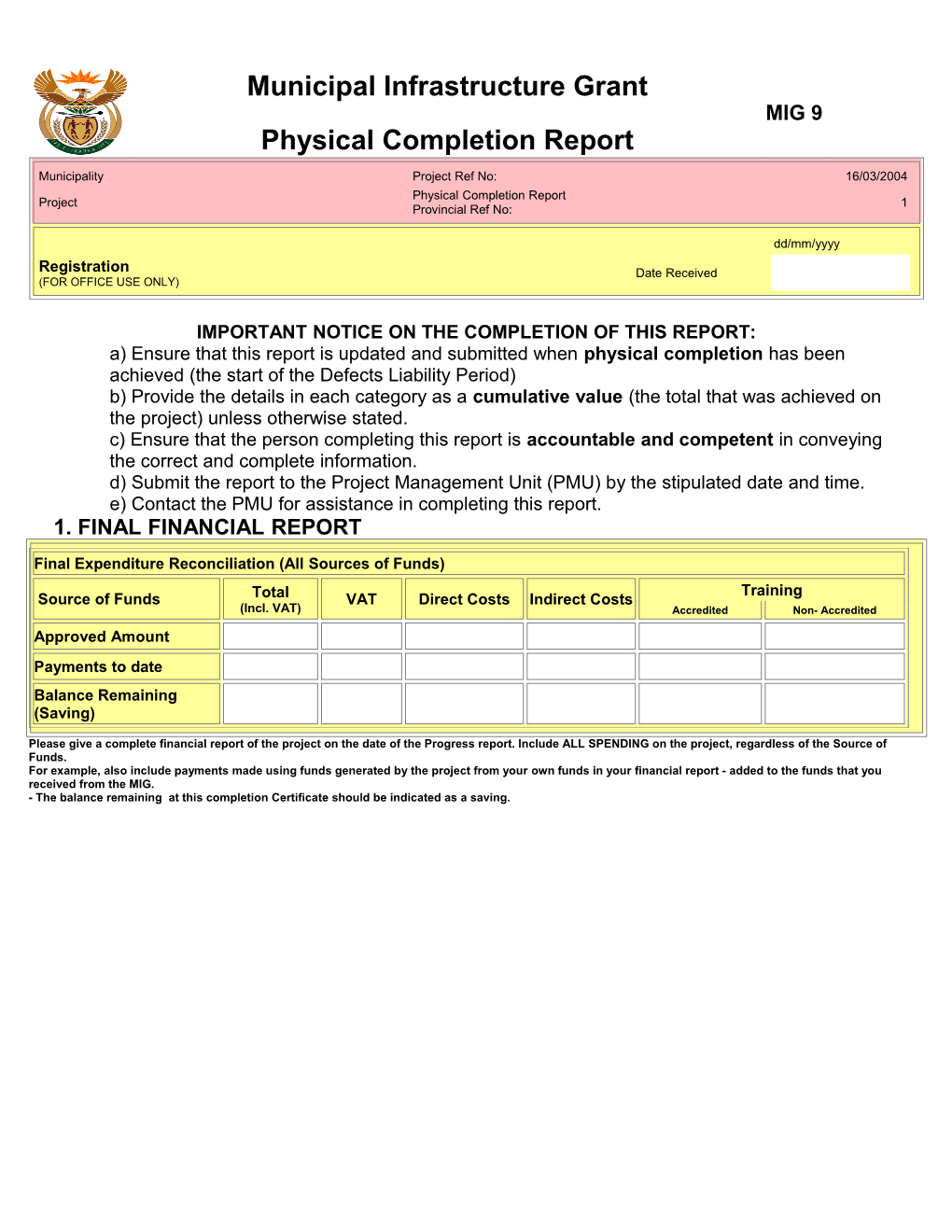 Consolidated Municipal Infrastructure Programme Physical Completion Report