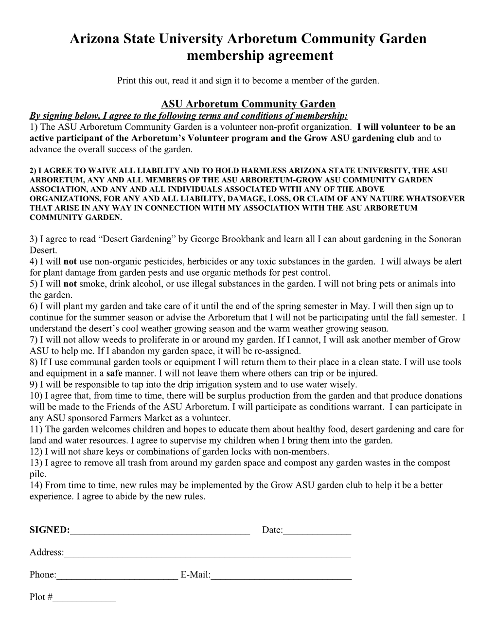 Arizona State University Arboretum Community Garden Membership Agreement