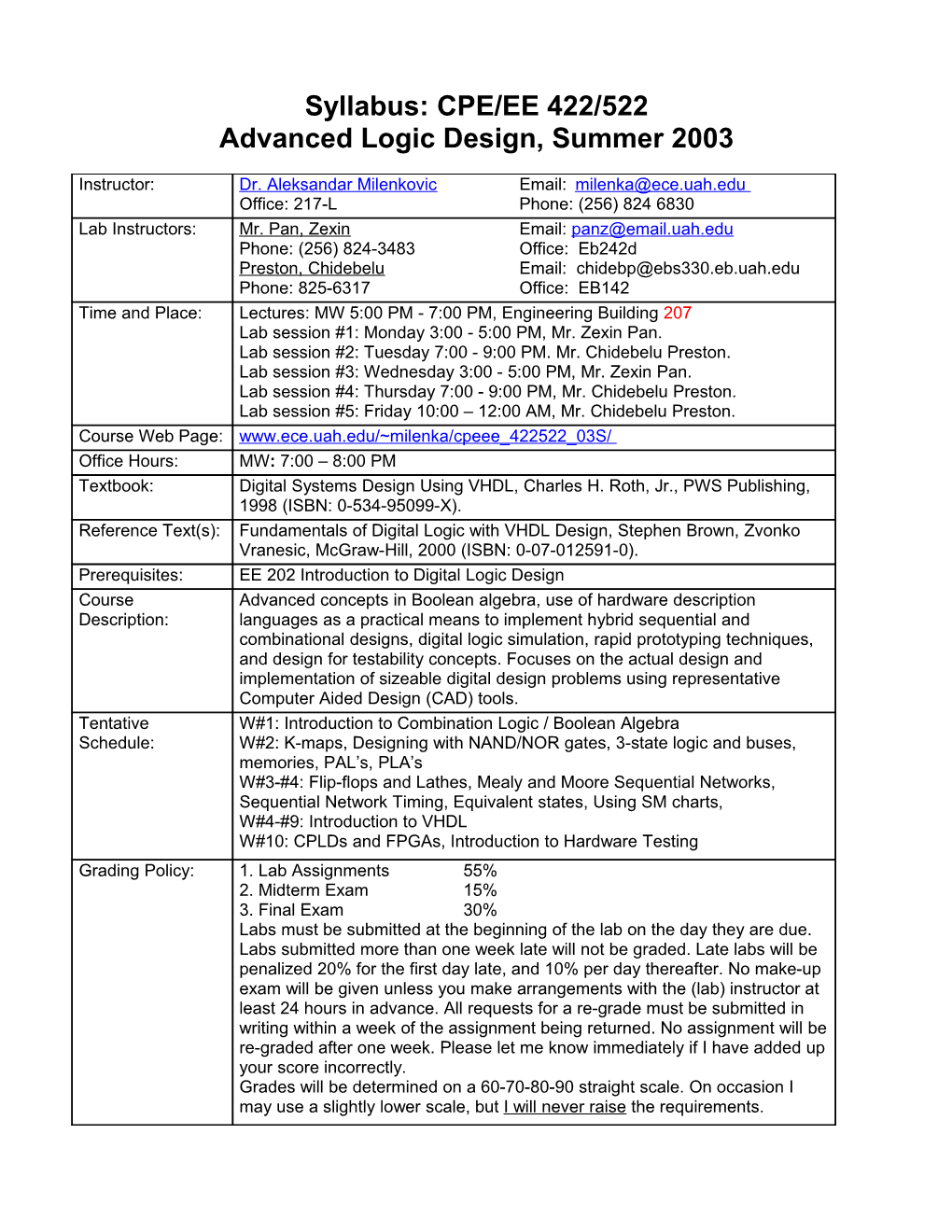 Syllabus: CPE/EE 422/522 - Advanced Logic Design, Summer 2002