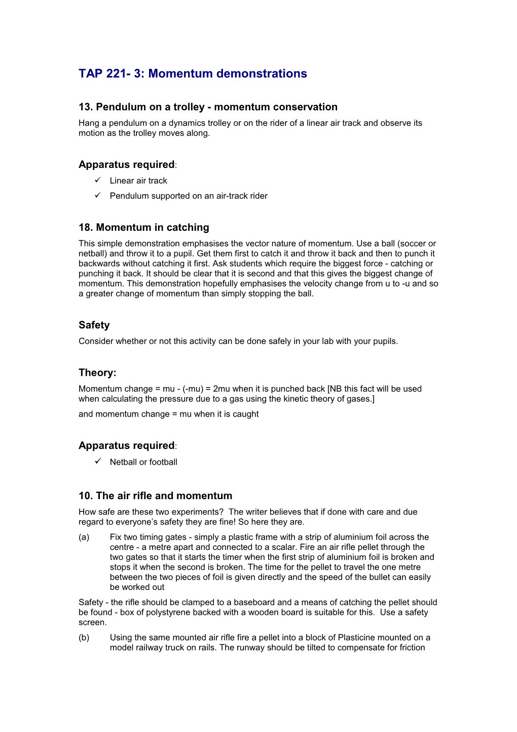 TAP 221- 3: Momentum Demonstrations