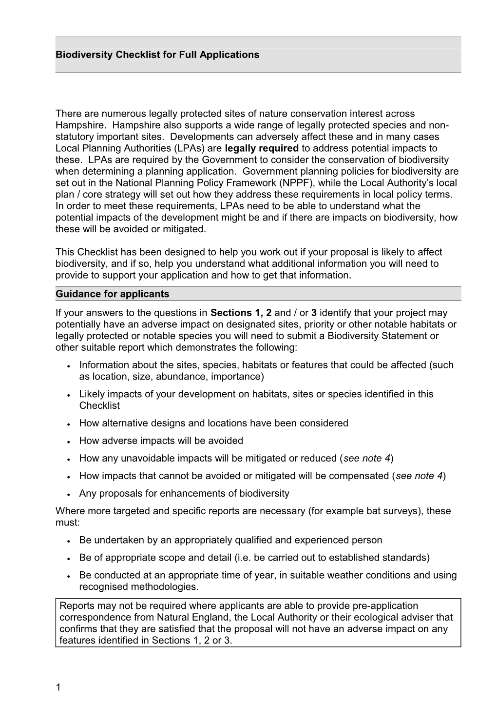 Biodiversity Checklist for Full Applications