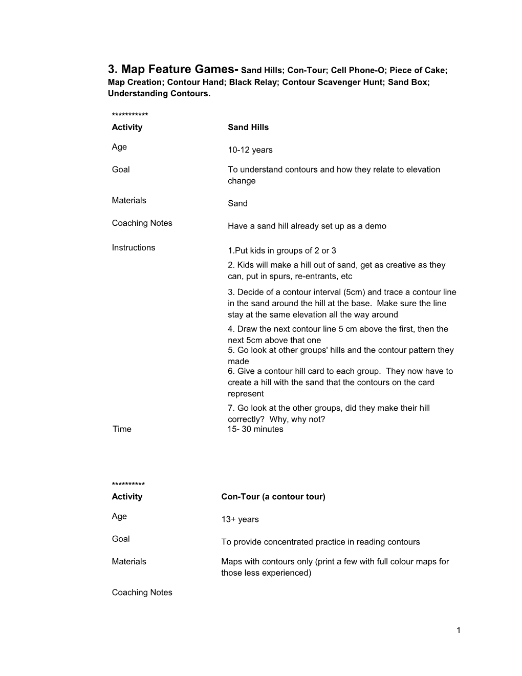 3. Map Feature Games- Sand Hills; Con-Tour; Cell Phone-O; Piece of Cake; Map Creation;