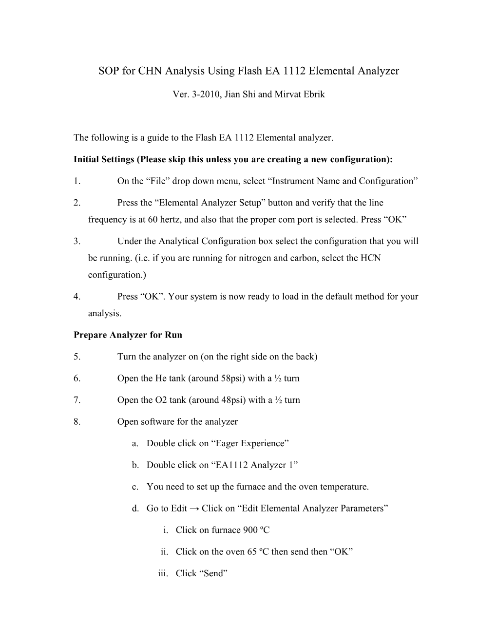 SOP for CHN Analysis Using Flash EA 1112 Elemental Analyzer