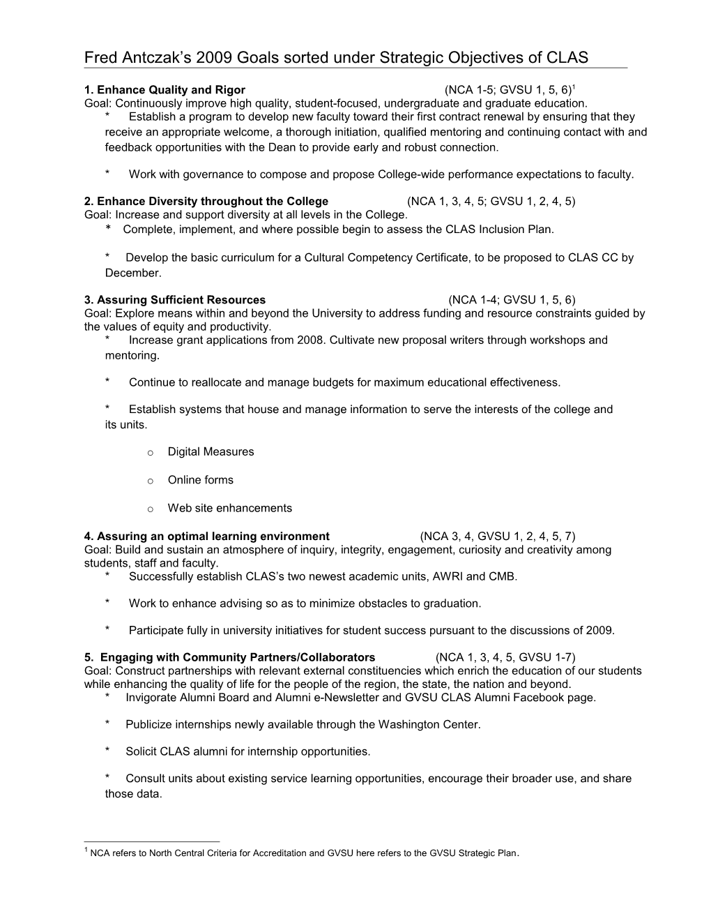 Fred S Goals Sorted Under Strategic Objectives of CLAS