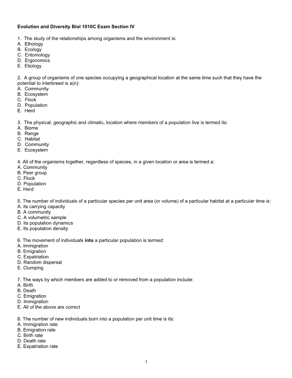 Evolution & Diversity Section Four Exam