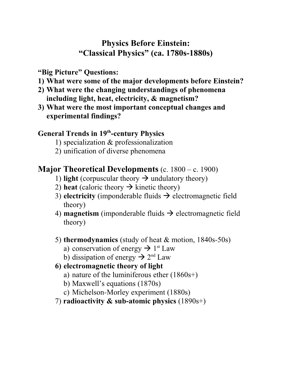 Big Picture Questions: Physics (1780S to 1880S)