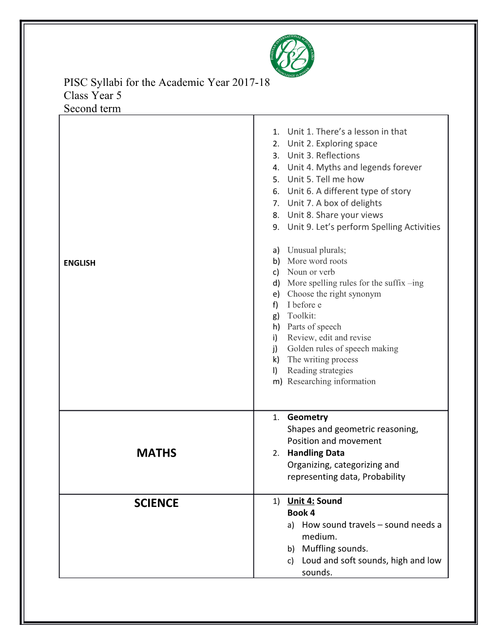 PISC Syllabi for the Academic Year 2017-18