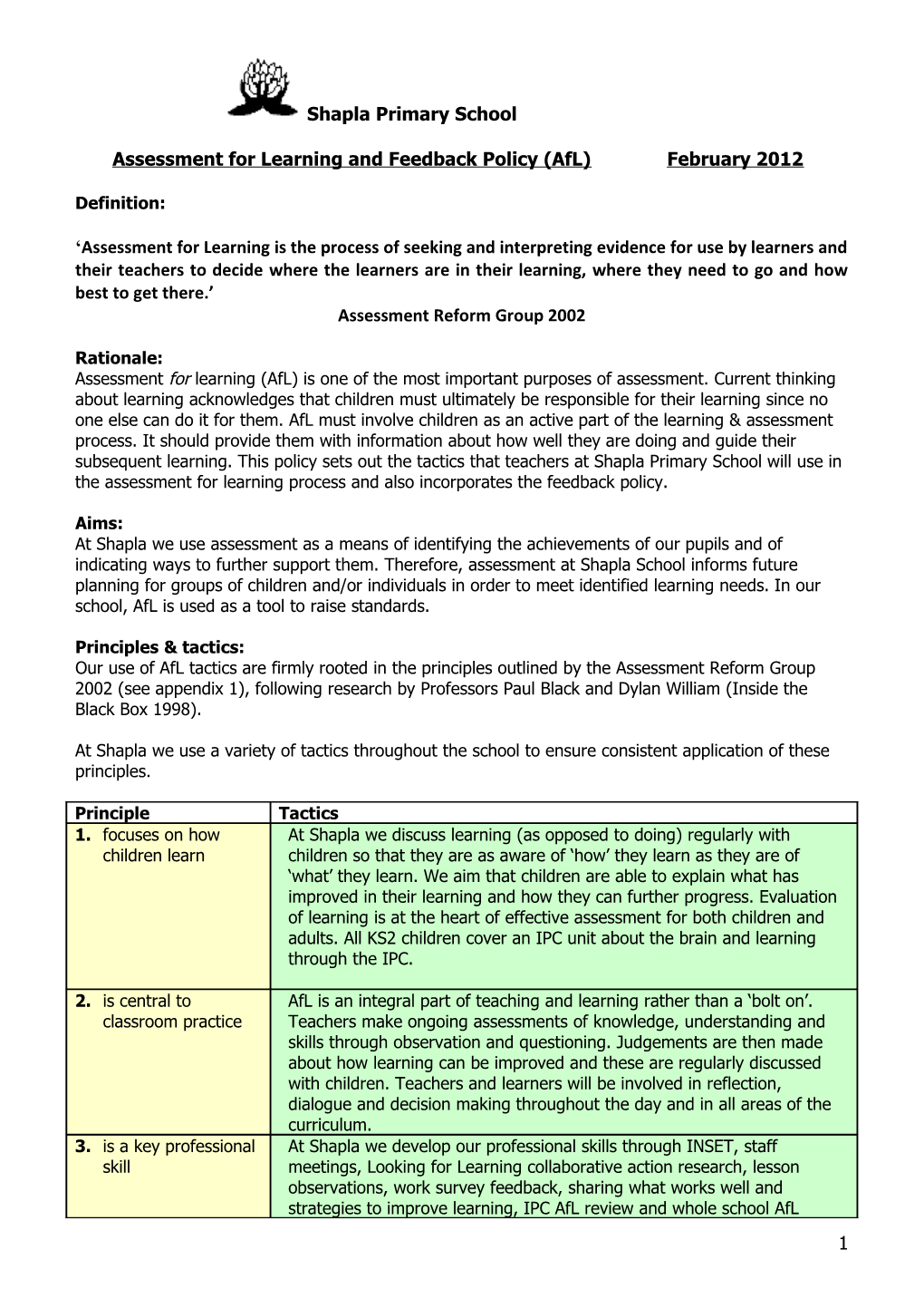 Assessment for Learning Policy (Afl)