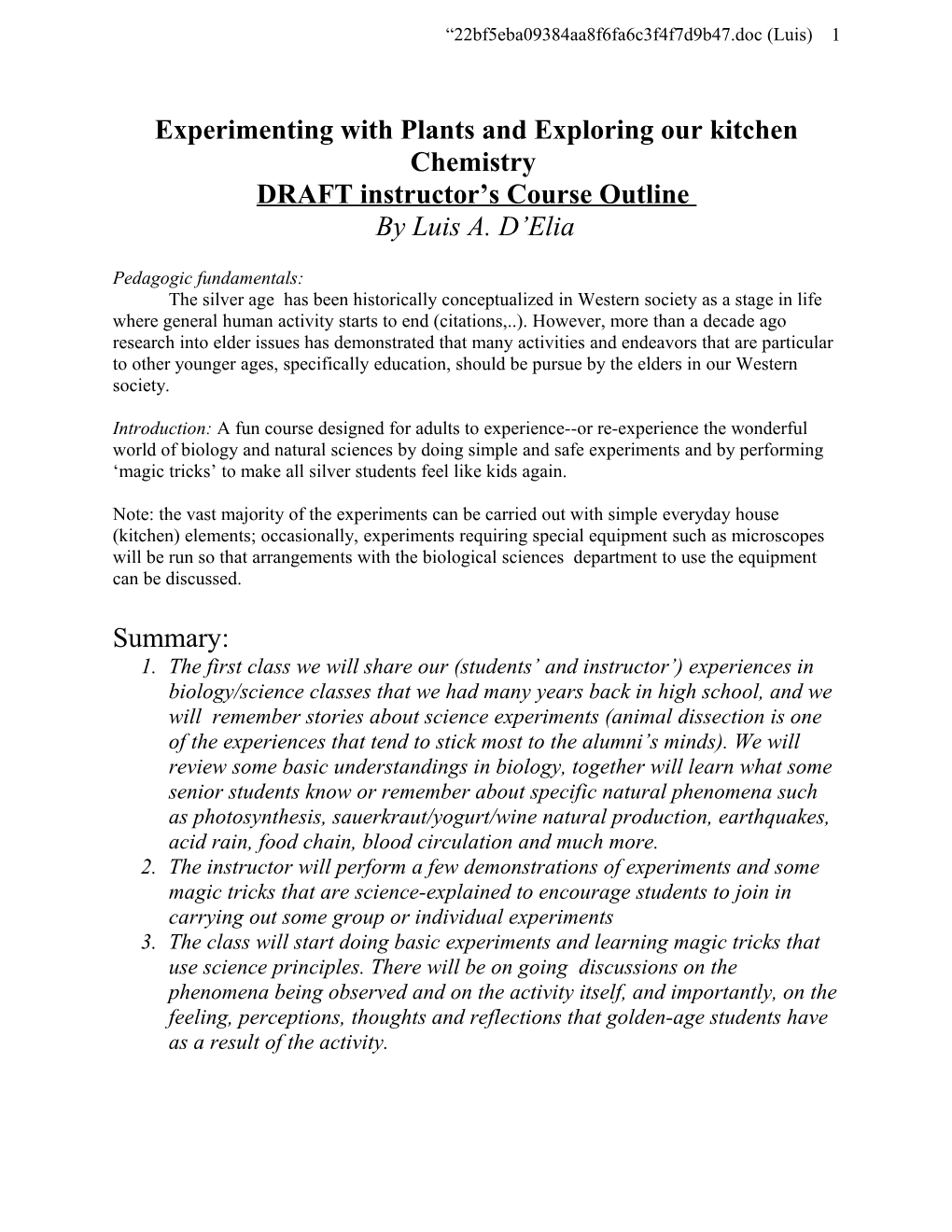 Experimenting with Plants and Exploring Our Kitchen Chemistry DRAFT Course Outline