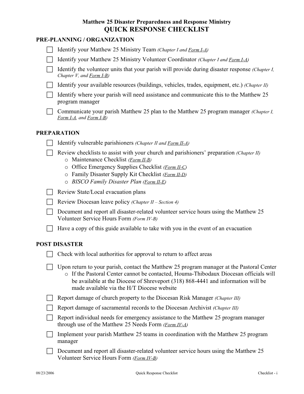 PRE-PLANNING / ORGANIZATION (Reference Chapter I, Chapter II, Chapter IV, and Appendix/Forms)