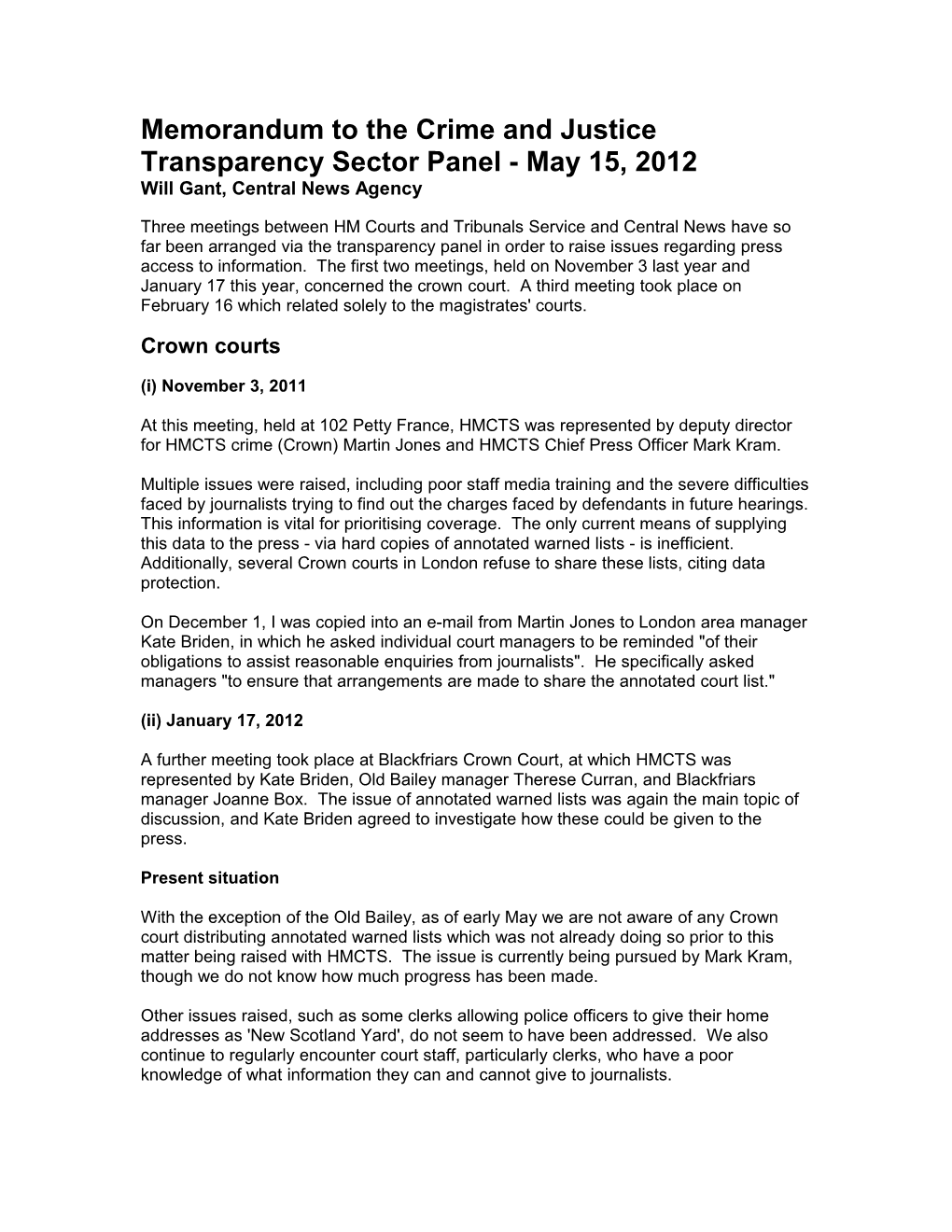 Memorandum to the Crime and Justice Transparency Sector Panel - May 15, 2012