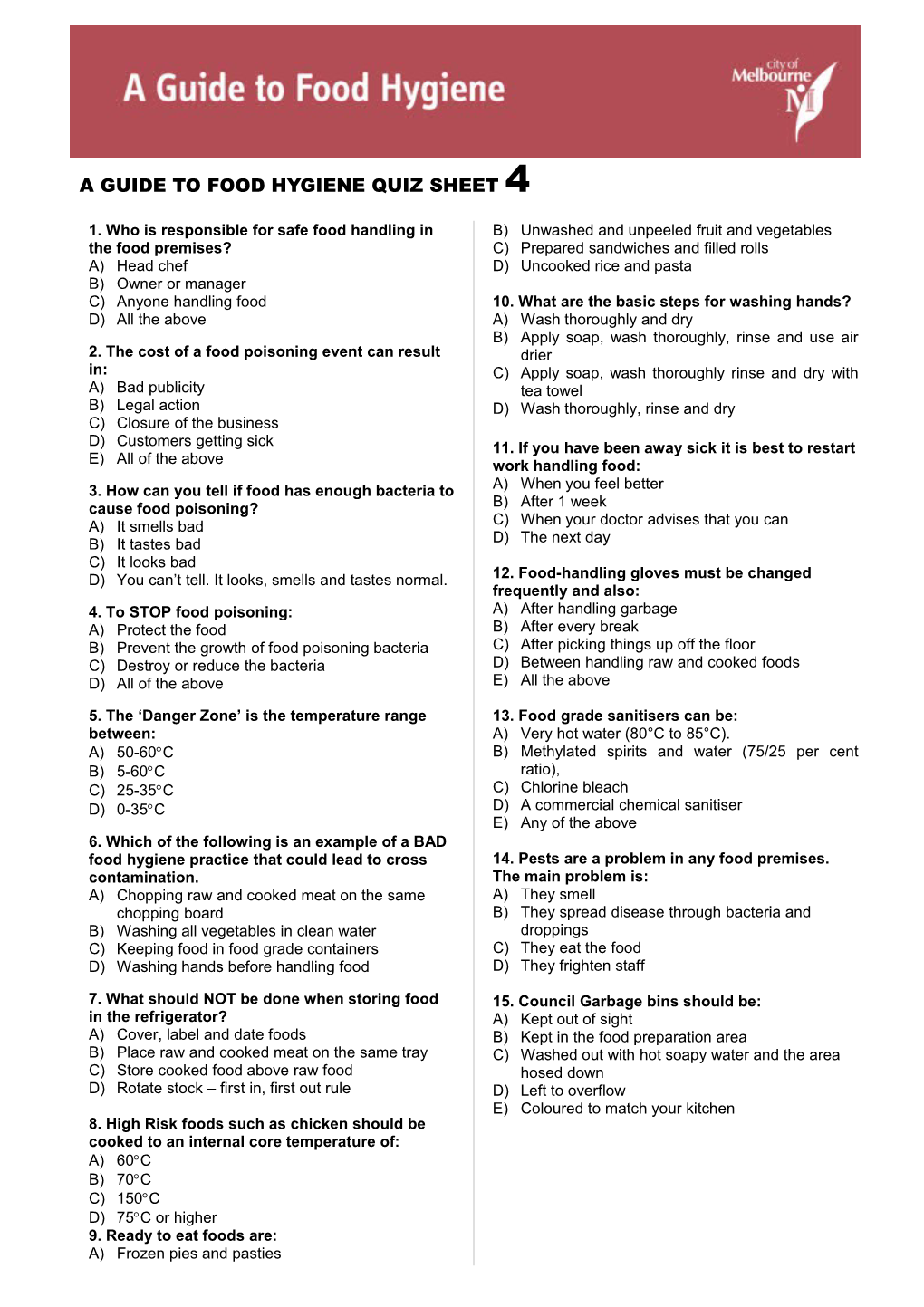 A Guide to Food Hygiene Quiz Sheet 4