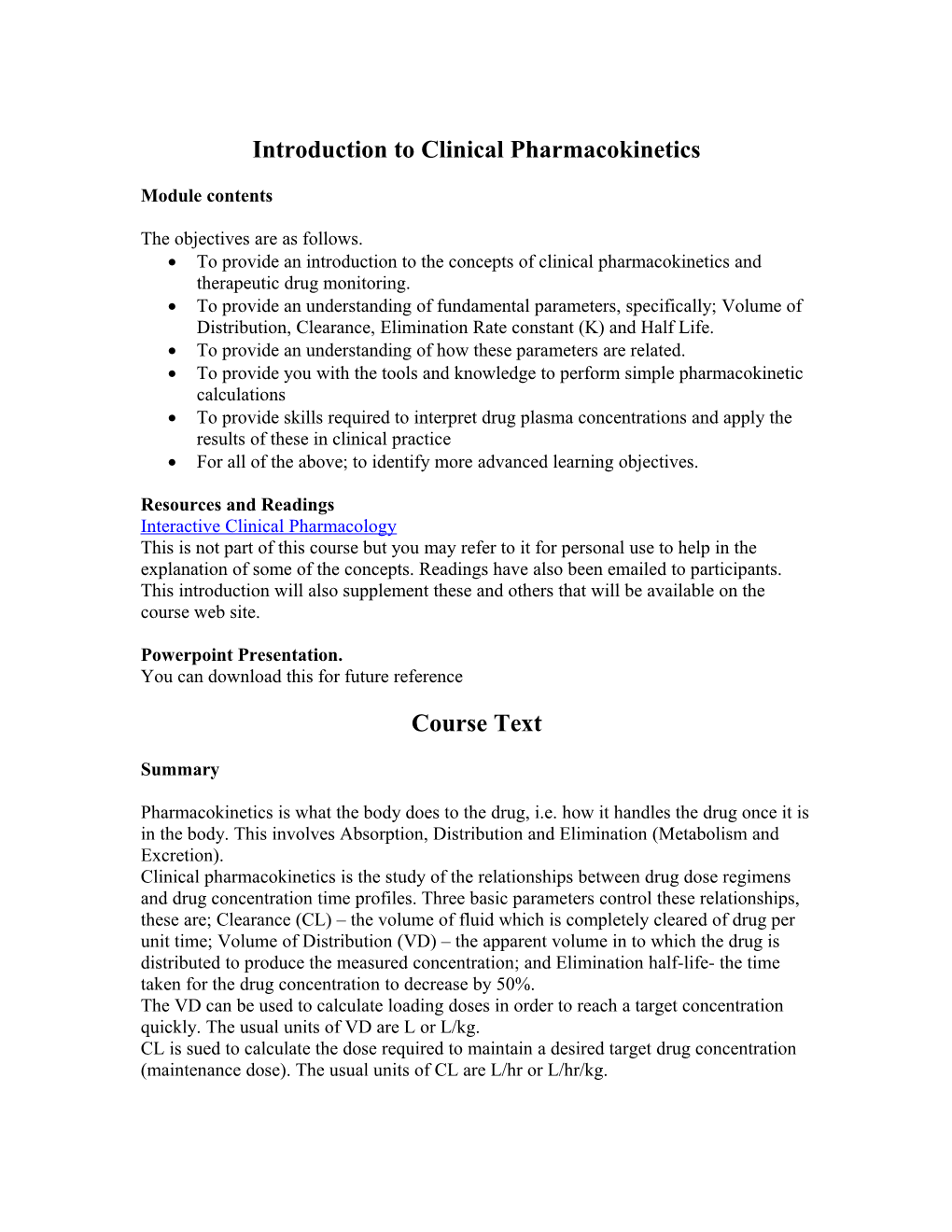 Introduction to Clinical Pharmacokinetics