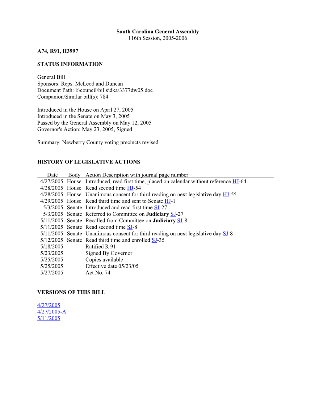 2005-2006 Bill 3997: Newberry County Voting Precincts Revised - South Carolina Legislature