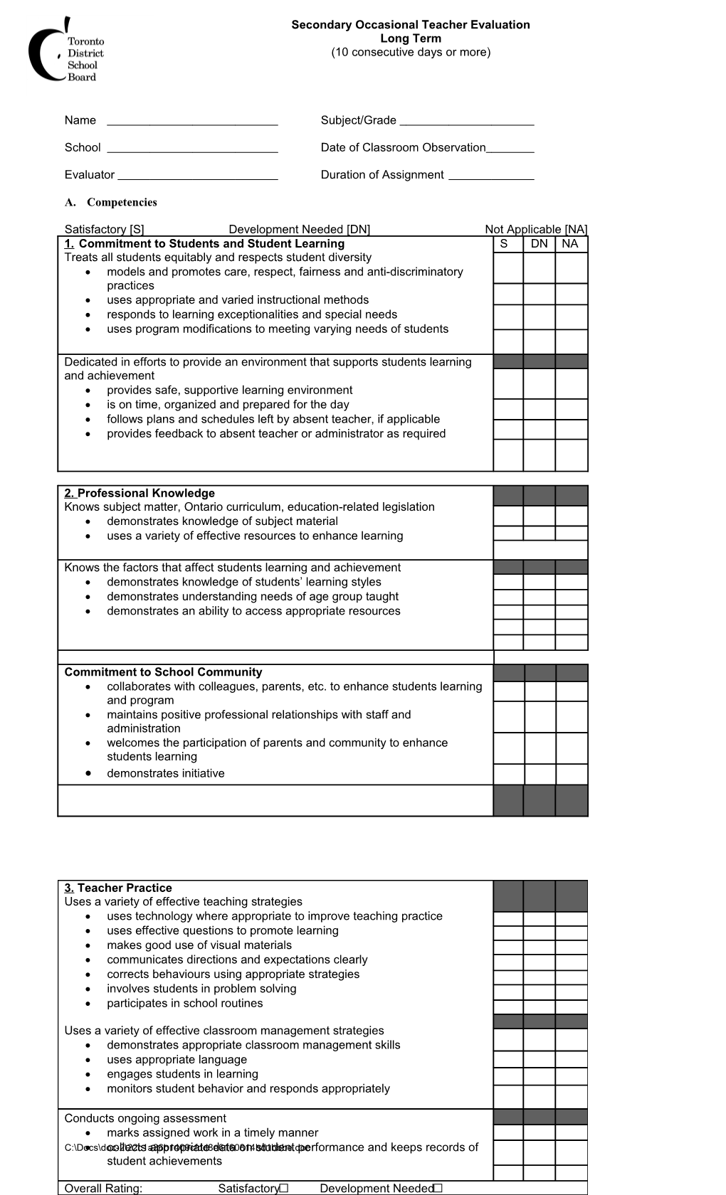 Occasional Teacher Evaluation