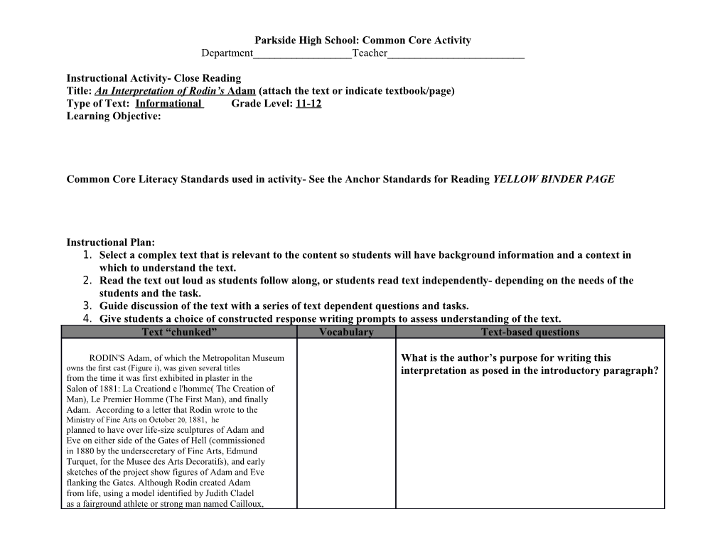 Parkside High School: Common Core Activity