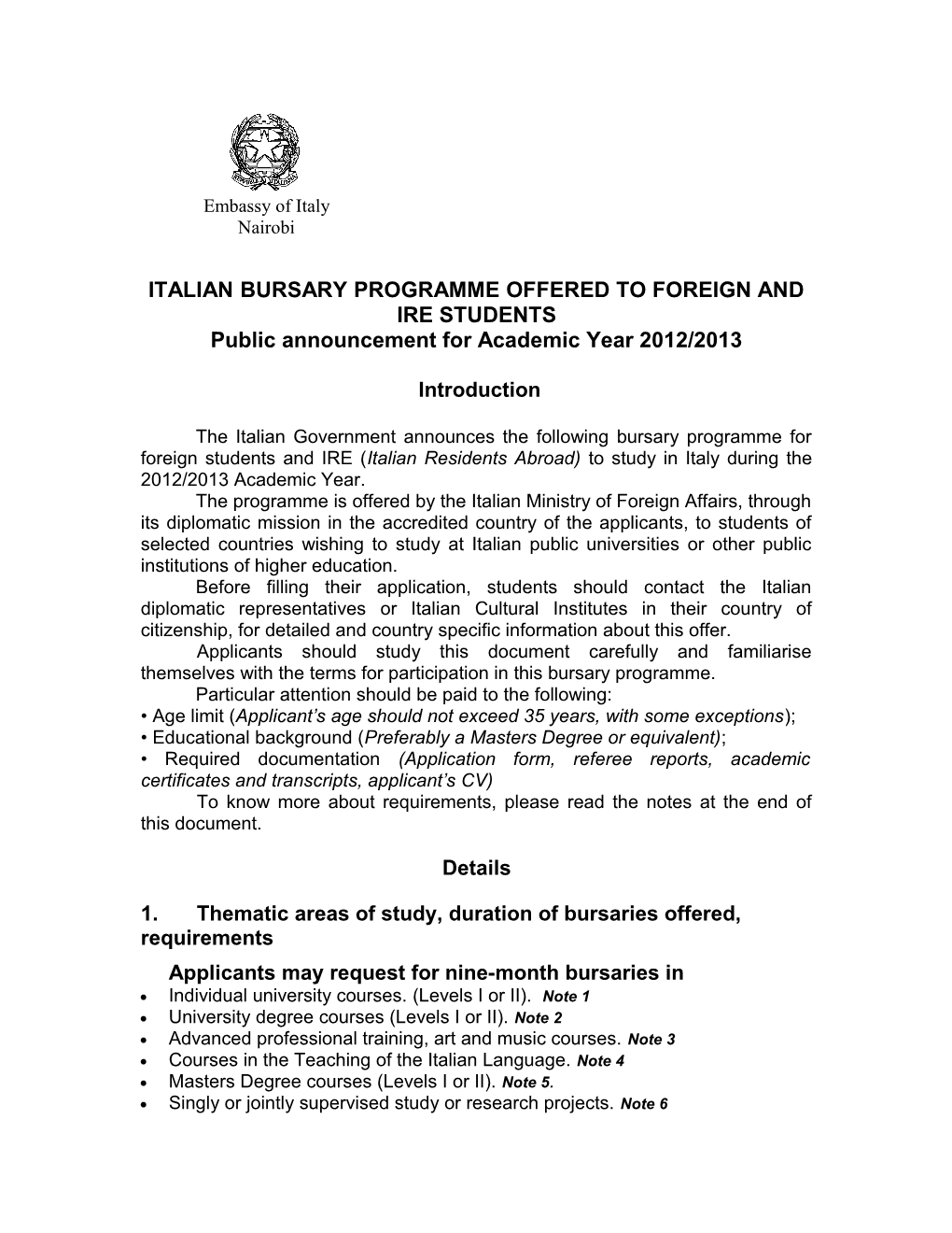 Italian Bursary Programme Offered to Foreign and Ire Students