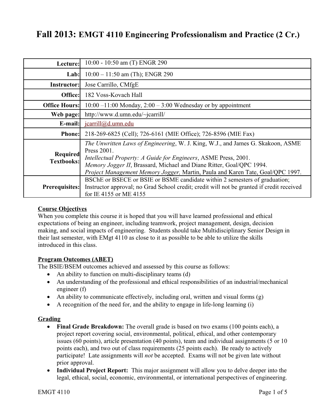 Course Number and Description, Including Prerequisites