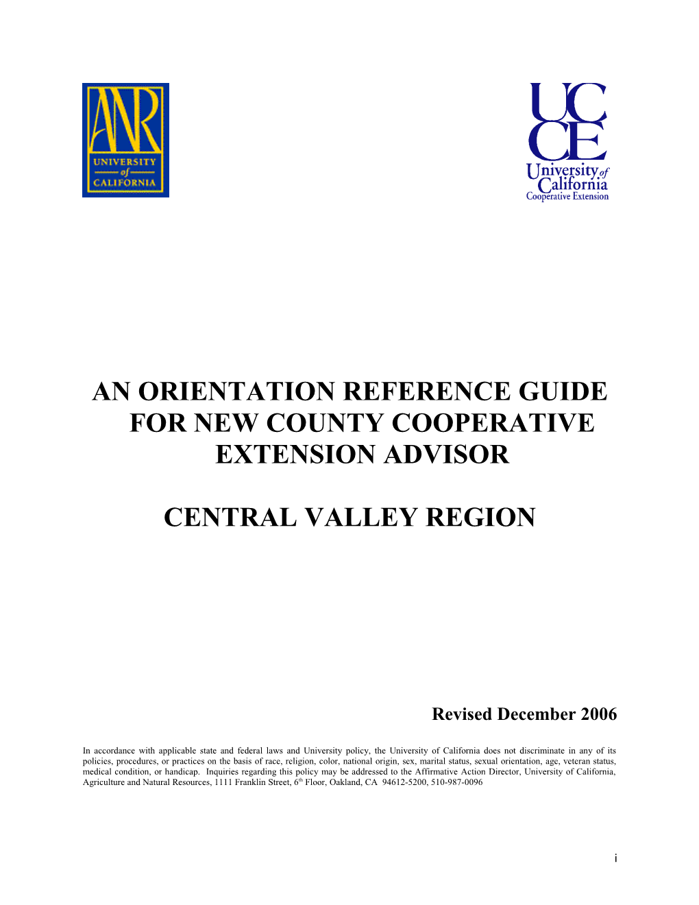 An Orientation Reference Guide for New County Cooperative Extension Advisor