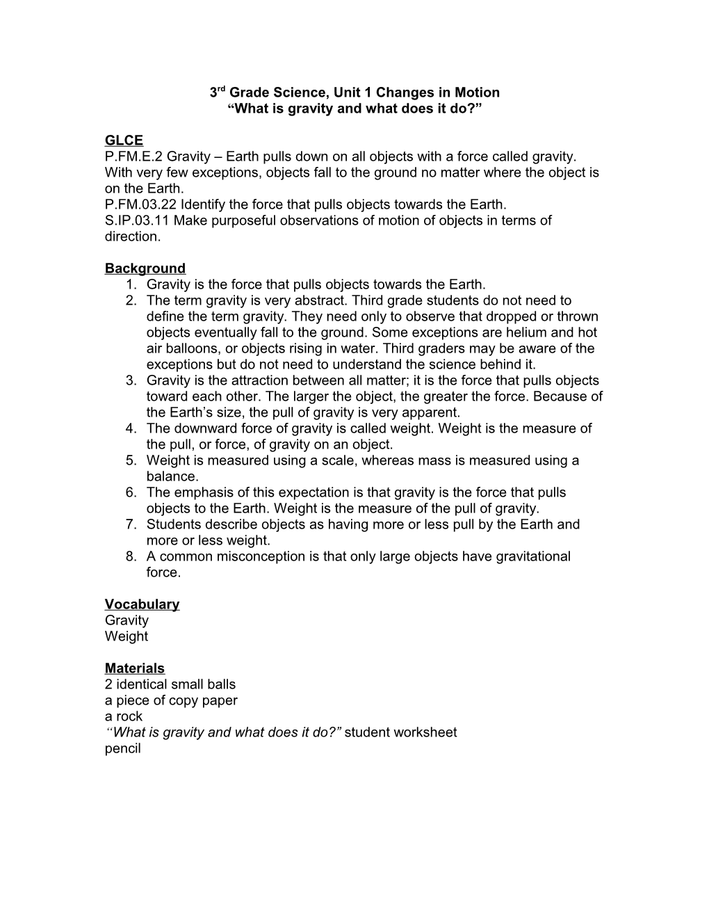 3Rd Grade Science, Unit 1 Changes in Motion