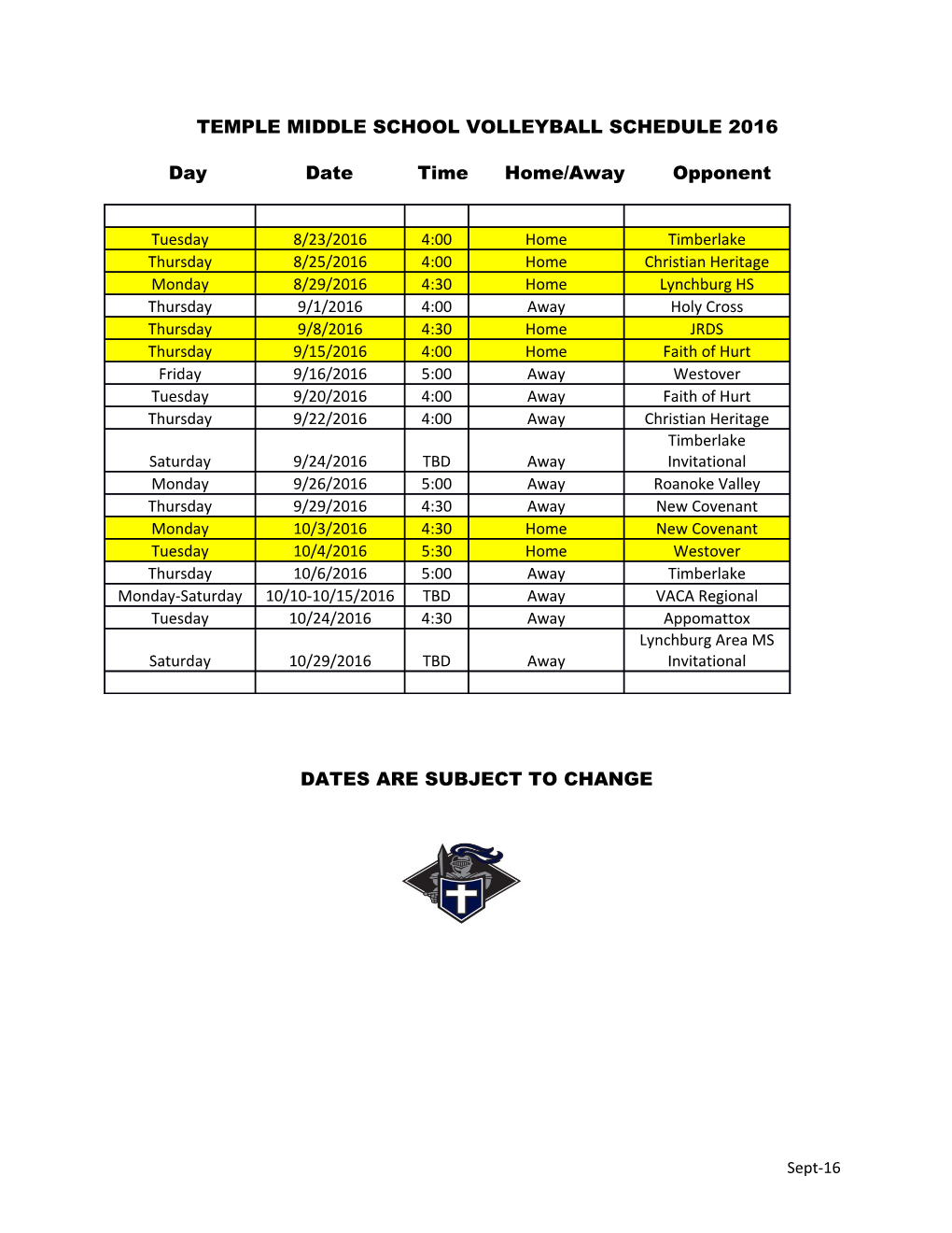Temple Middle School Volleyball Schedule 2016