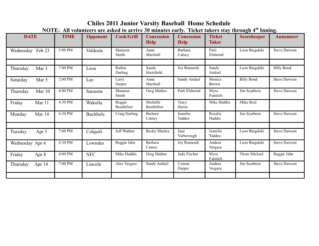 Chiles 2011 Junior Varsity Baseball Home Schedule