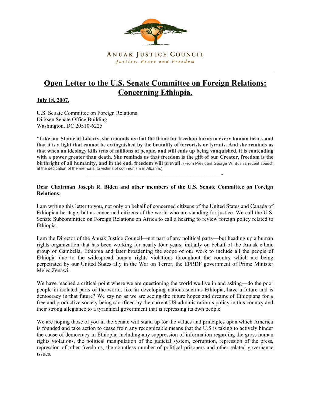 Open Letter to the U.S. Senate Committee on Foreign Relations: Concerning Ethiopia
