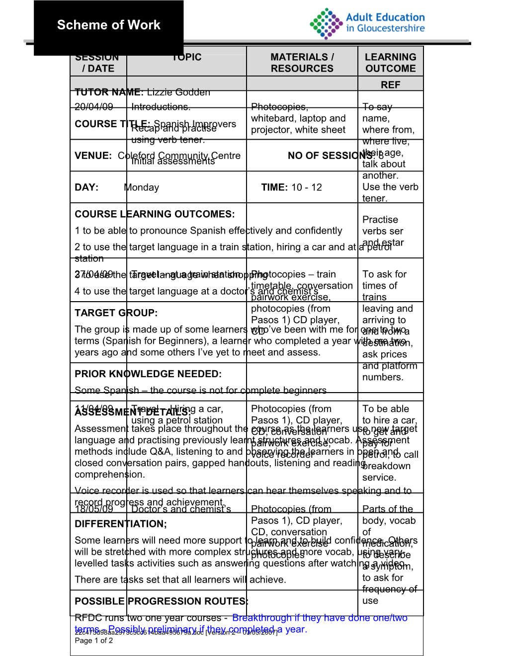 Sch of Work Spanish Term 2 Fb Version 2 03/05/2007 Page 1 of 3