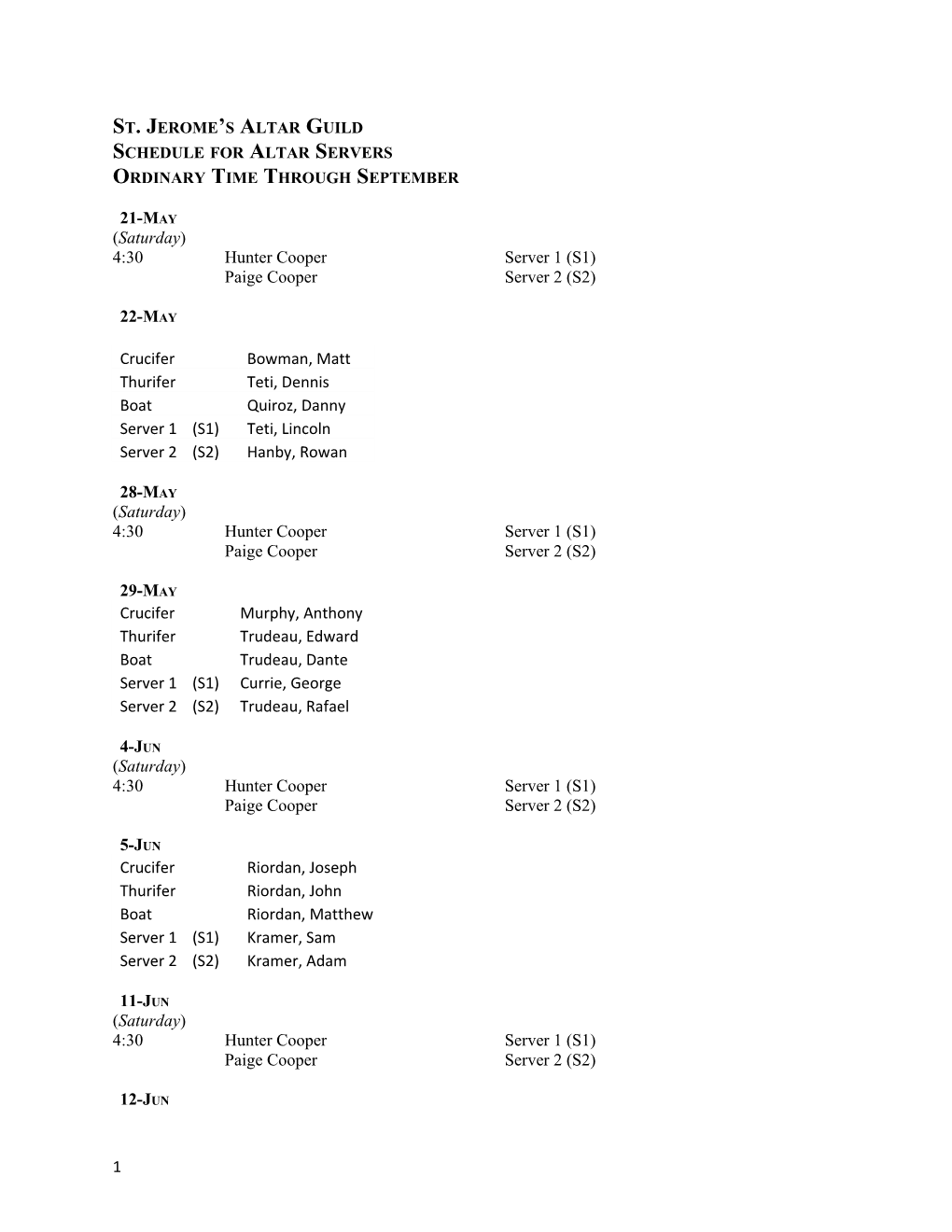 Schedule for Altar Servers