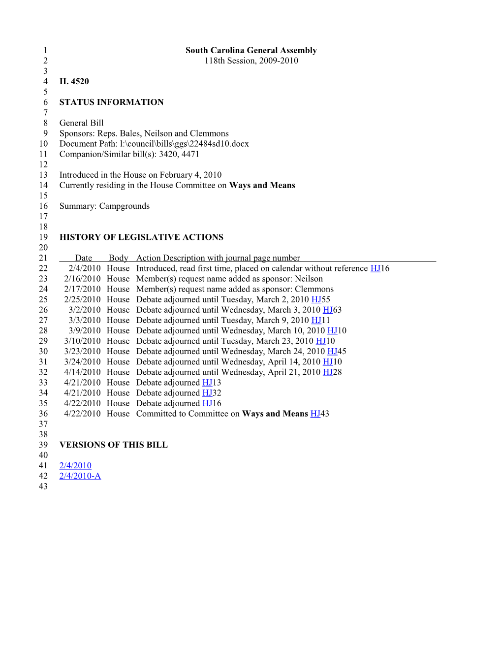 2009-2010 Bill 4520: Campgrounds - South Carolina Legislature Online