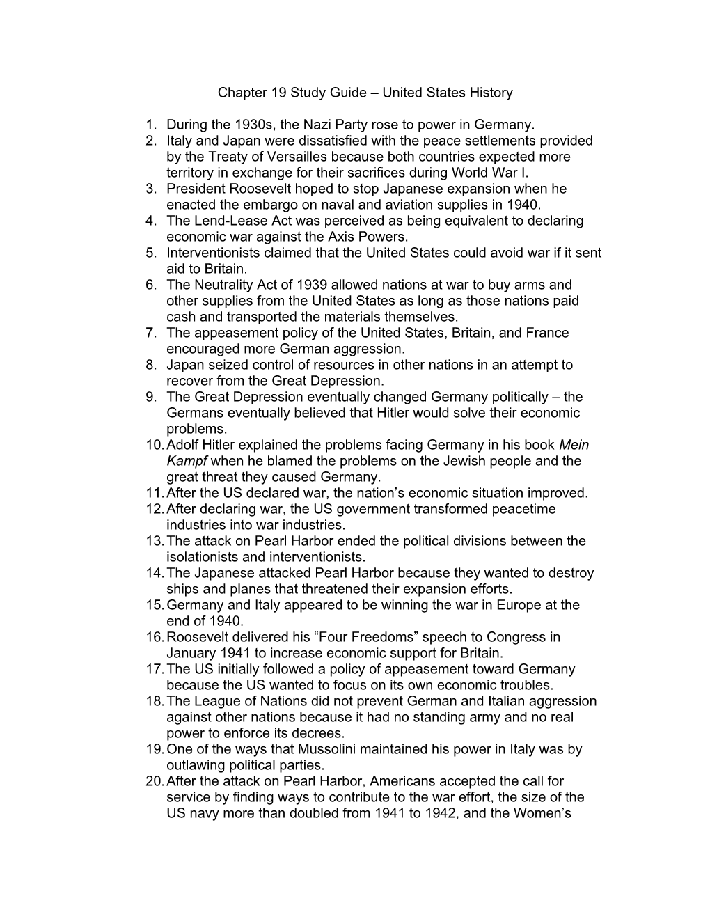 Chapter 19 Study Guide United States History