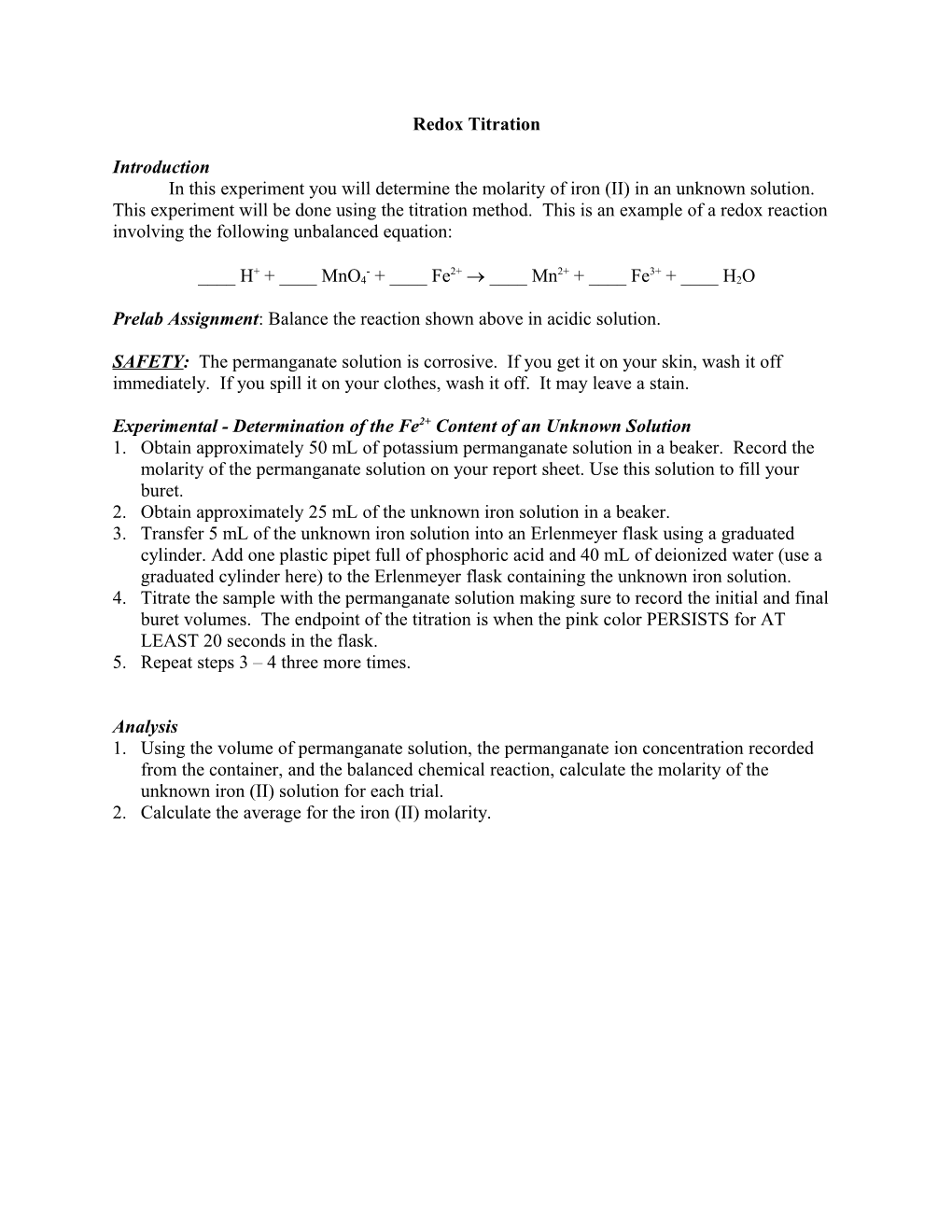 Prelab Assignment : Balance the Reaction Shown Above in Acidic Solution