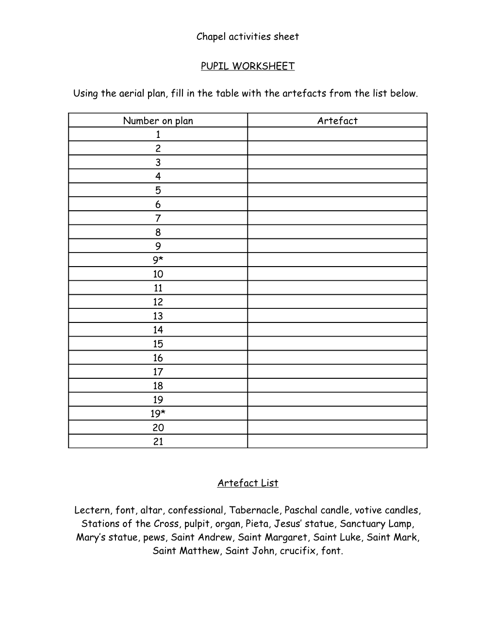 Chapel Activities Sheet