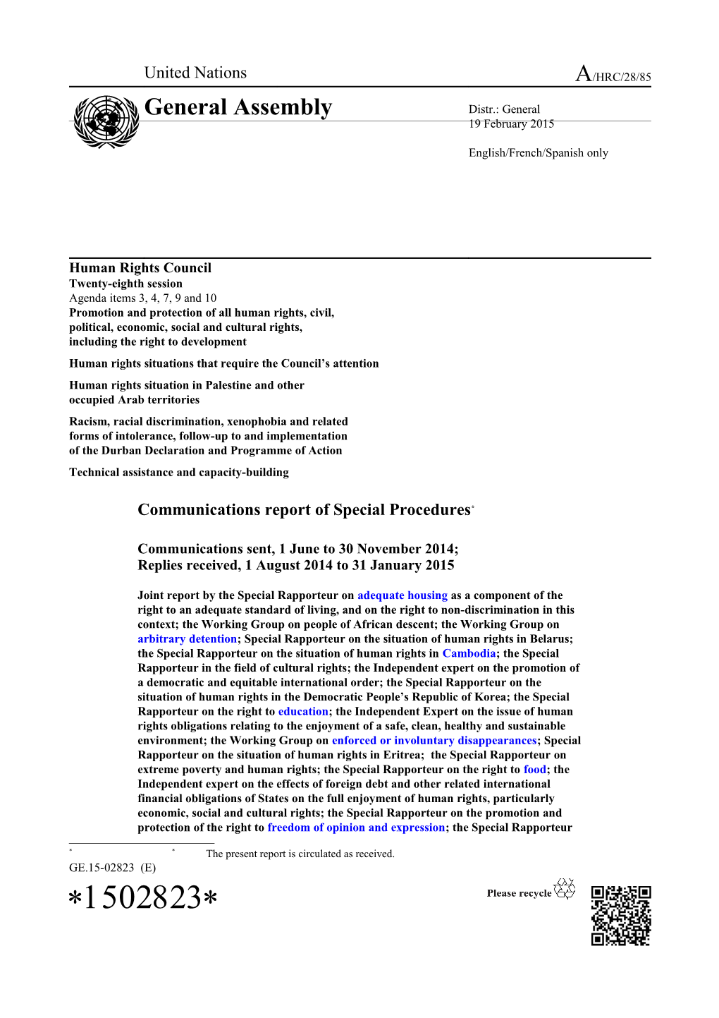 Communications Report of Special Procedures in English, French and Spanish