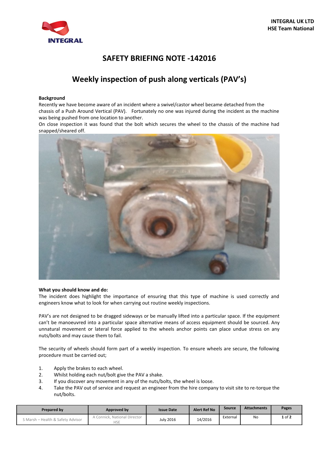 Weekly Inspection of Push Along Verticals (PAV S)