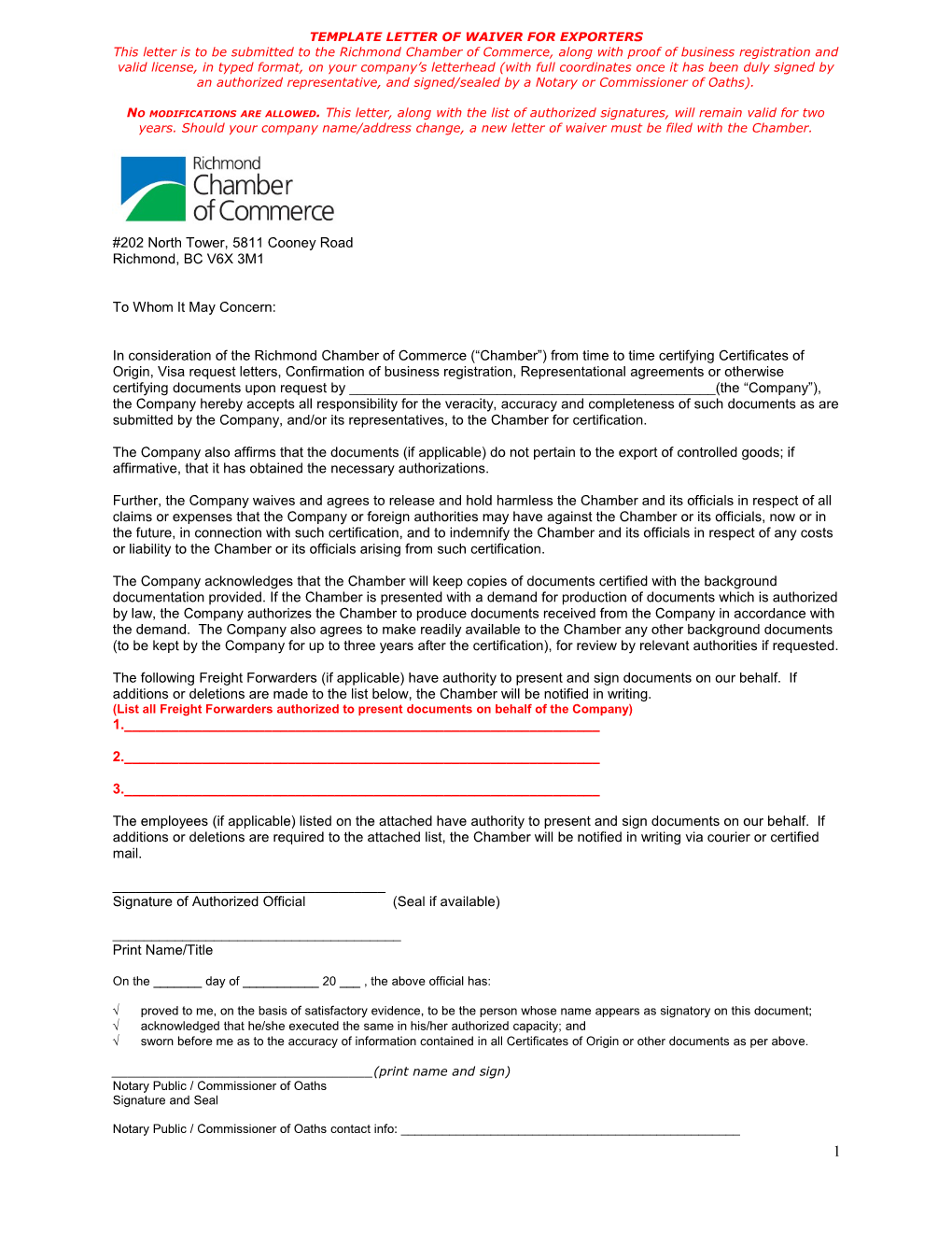 Template - Letter of Waiver for Exporters